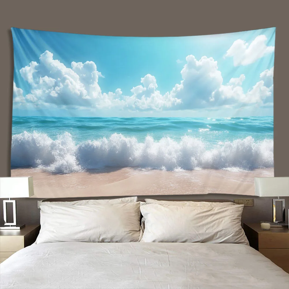 

Beautiful Sea Beach Blue Sky Landscape Tapestry Polyester Wall Cloth Art Tapestry Wall Hanging Sea Wave Theme Home Decorations