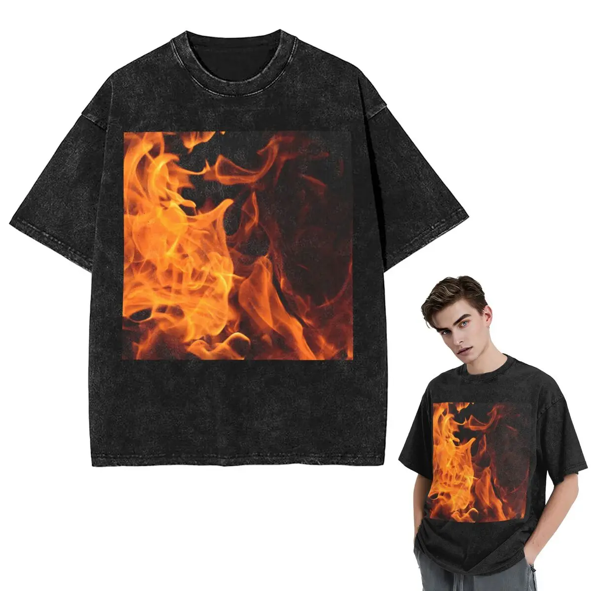 Streetwear T-Shirts Burning Fire With Sparks Washed T Shirt Short Sleeve Hip Hop T-Shirt Tops Tees for Men Women