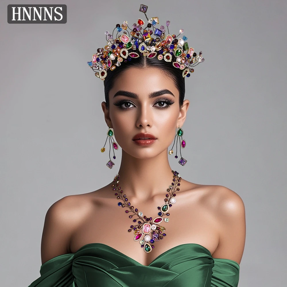 

TOPQUEEN Luxury Bridal Weddings Jewelry Handmade Colorful Rhinestones Ladies Banquet Party Headdress Earrings Necklace Set YXA46