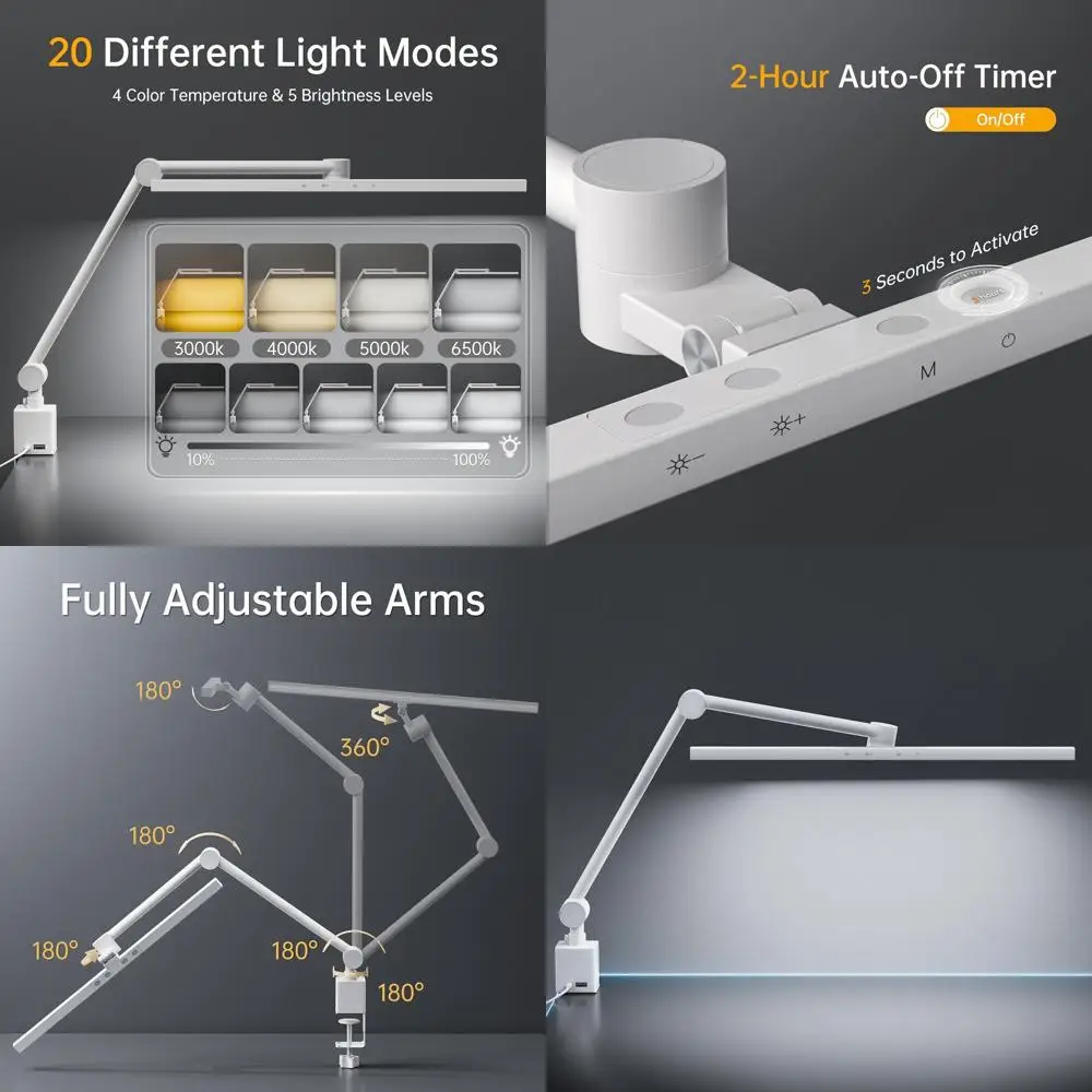 

Настольная лампа Deeloop с поворотным светодиодом и 2 рычагами — высокий CRI 95+, зарядка через USB, 2-часовой таймер с регулируемой яркостью и памятью для чтения в домашнем офисе