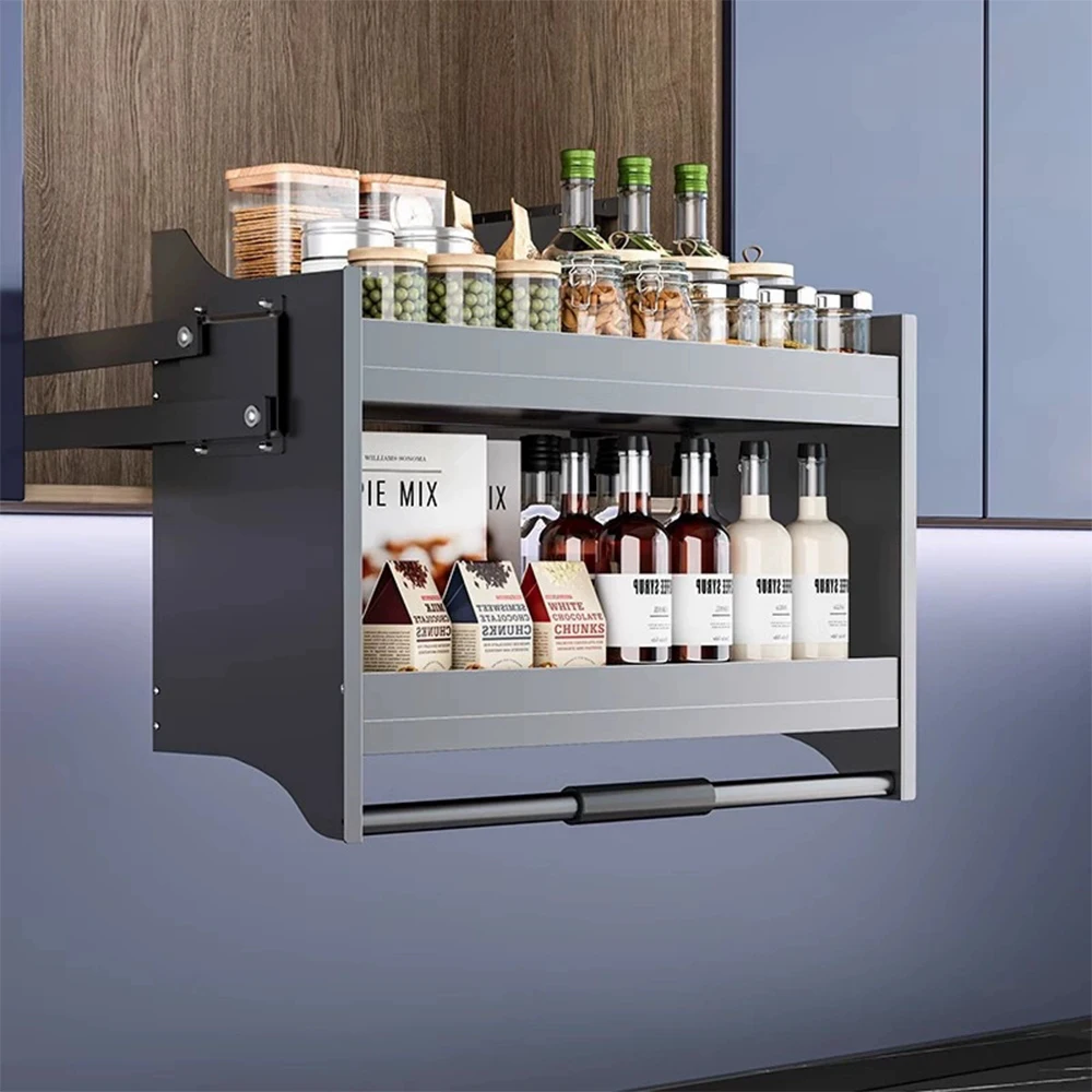Kichen Hanging Cabinet Height-adjustable Pull-out Basket Under-the-counter Wall Cabinet Aluminum Storage Cabinet Shelf Organizer