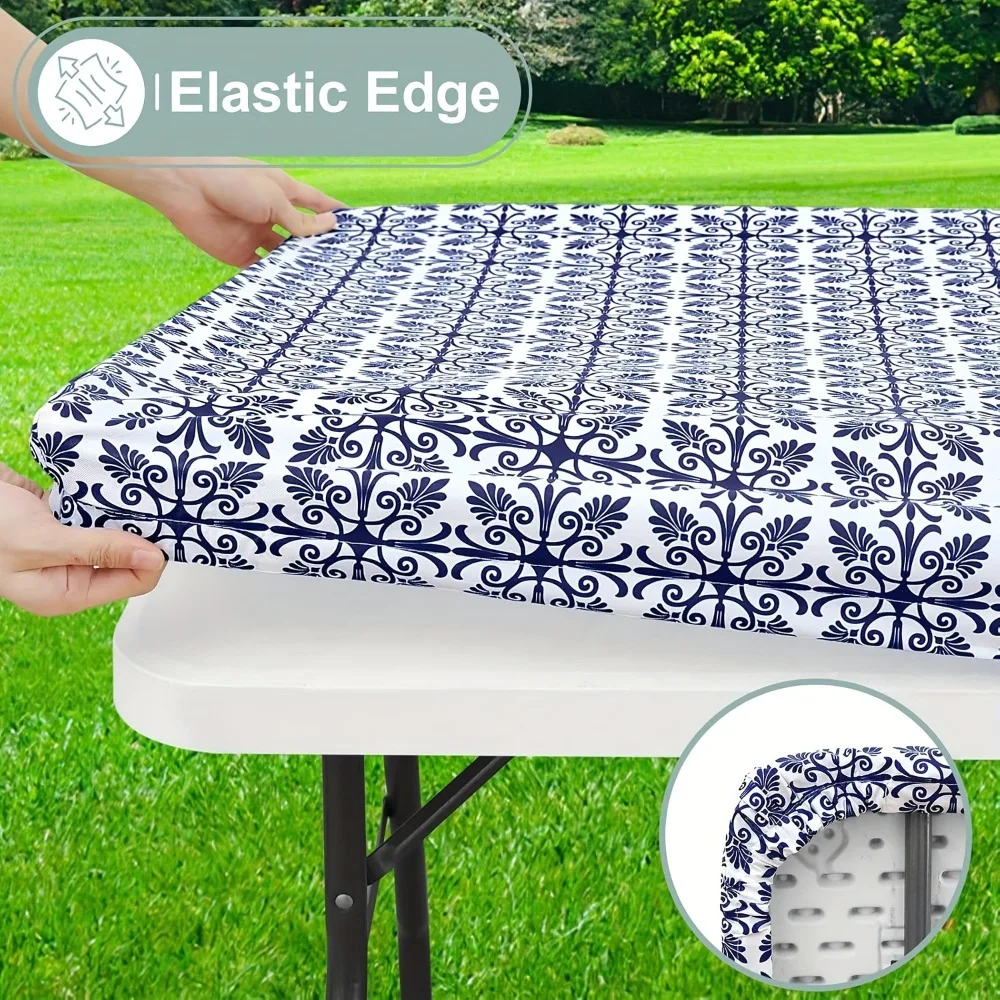 Rectangular Baroque Print Elastic Fitted Tablecloth Waterproof Scratch Proof Elastic Table Sheet Washable Non-slip