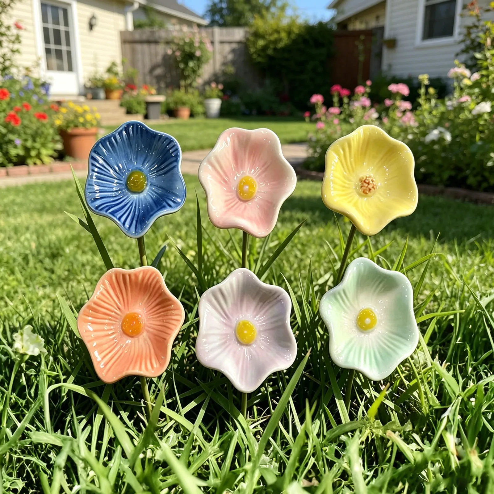 6Pcs Ceramic Flower Bee Drinking Station Multi-Purpose Flower Shape Bee Watering Station For Outdoor Garden Yard Lawn Decor