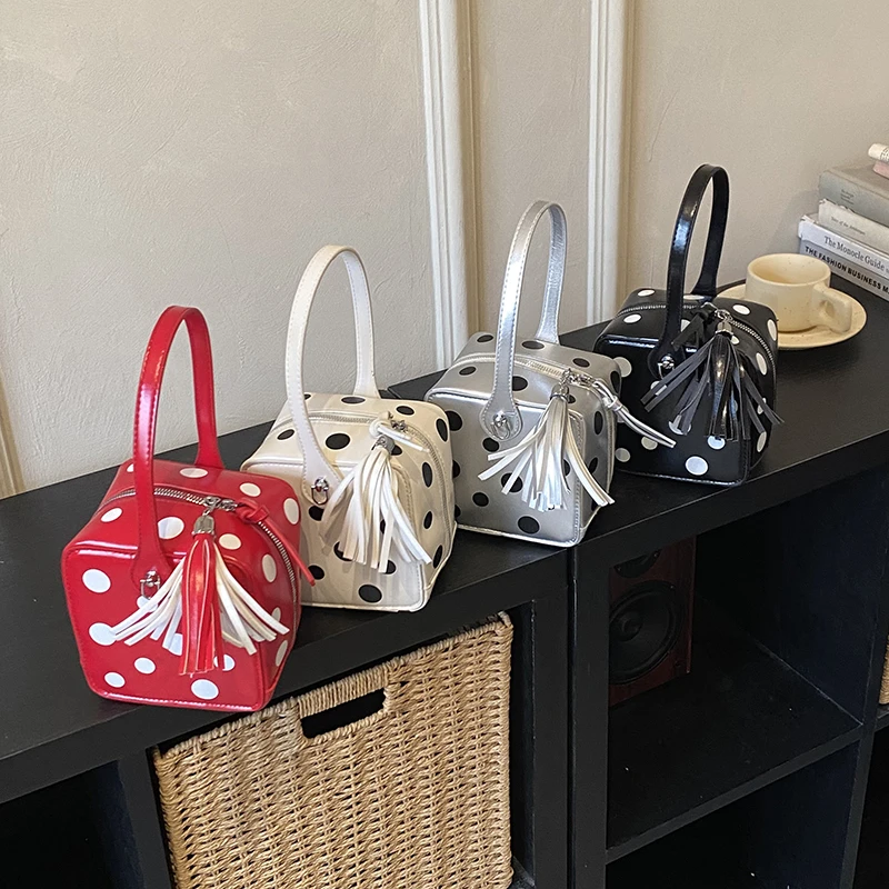 

New Design Polka Dot Small Handbag Purse Cute Square Top Handle Crossbody Bags Fashion PU Leather Shoulder Bag with Tassel
