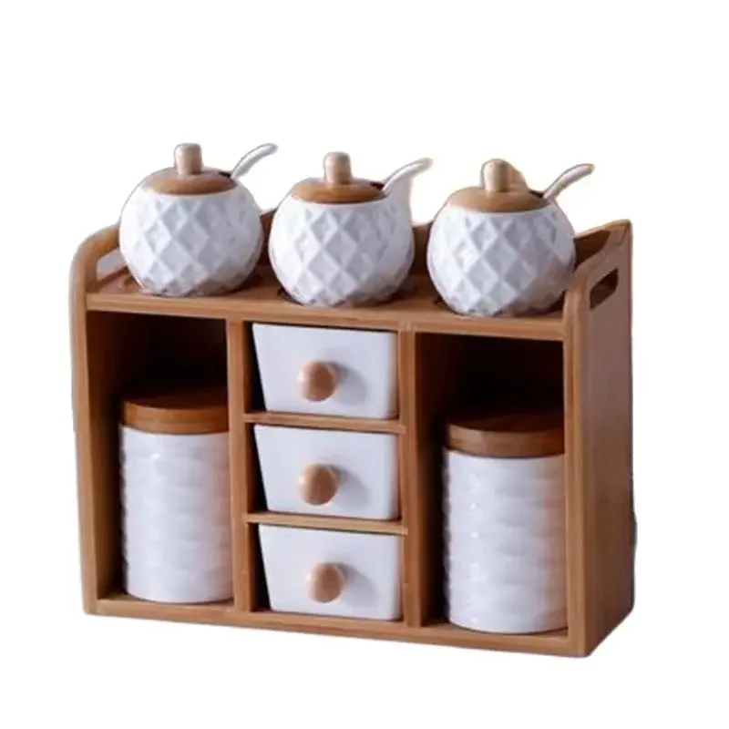 Pure White Ceramics Tea Caddy Set Multi-layer Glass Spice Jar with Wood Holder Sweets Storage Can Kit Seasoning Kitchen