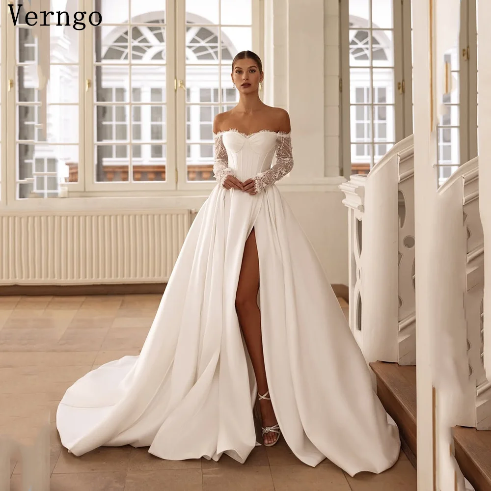 

Verngo lvory Crepe Evening Dress Full Sleeves A Line Side Slit Bridal Gowns Sweap Train Bride Dress Customized vestido de satén