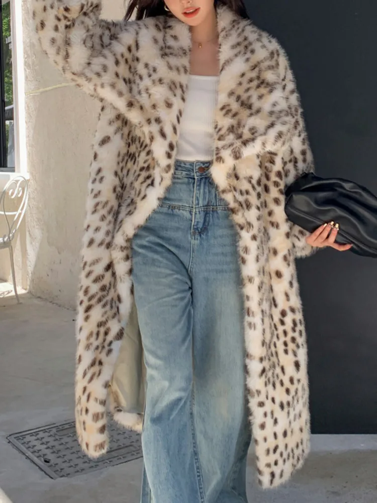 UCXQ Fashion Faux Fur Coat European Style Lapel Cardigan All Match Leopard Print Tide Woven Long Jacket Women 2024 Autumn Winter