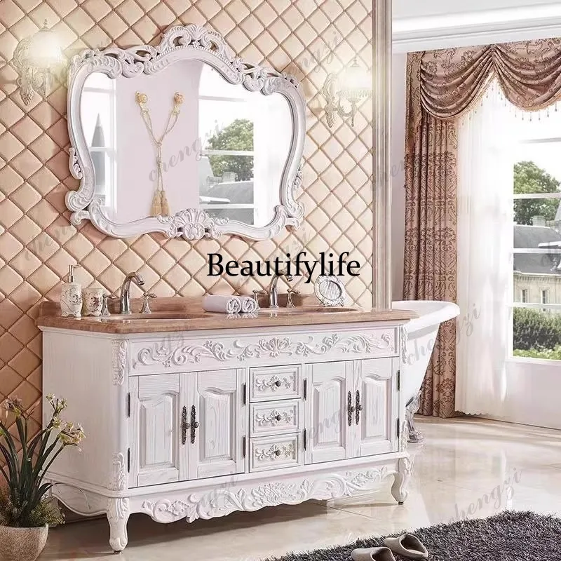European bathroom cabinet red oak hand washing floor combination American washstand antique customization