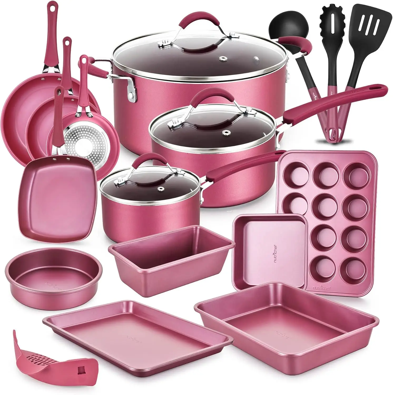 Metallic Nonstick Ceramic Cooking Kitchen Cookware Pots And Pan Baking Set With Lids And Utensils, 20 Piece Set, Marron Pink