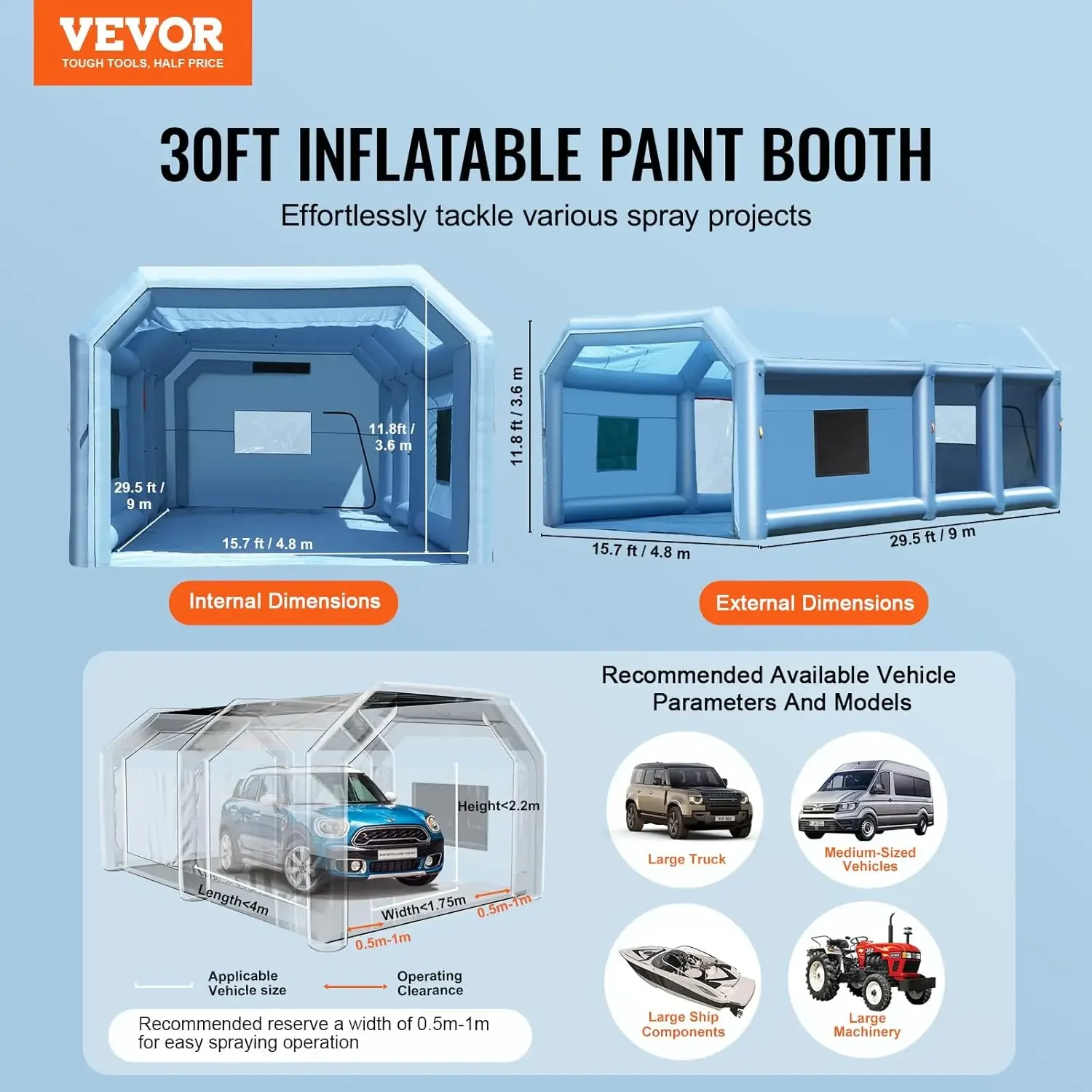 Inflatable Paint Booth, Portable Car Paint Booth for Large Truck, 29.5 x 15.7 x 11.8 ft, with 950W+750W Powerful Blowers
