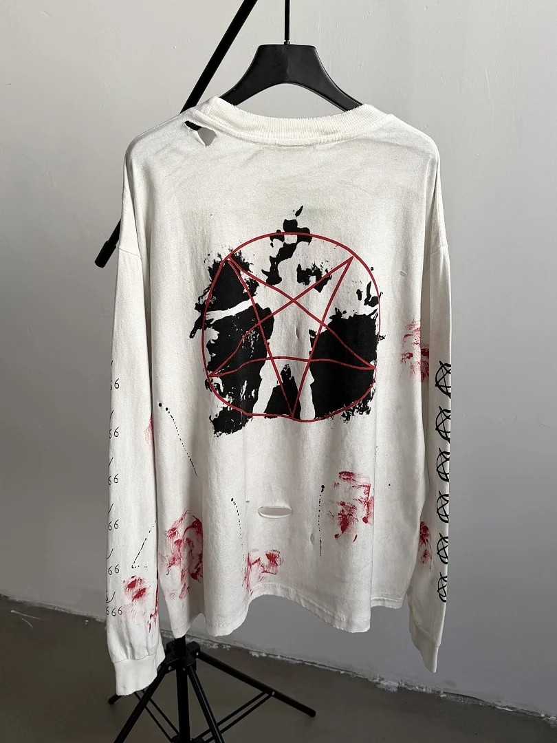 Saint Vintage Destroyed Hole White Long Sleeve T Shirt Men Oversized Loose Gothic Punk Metal Streetwear Unisex Casual Top