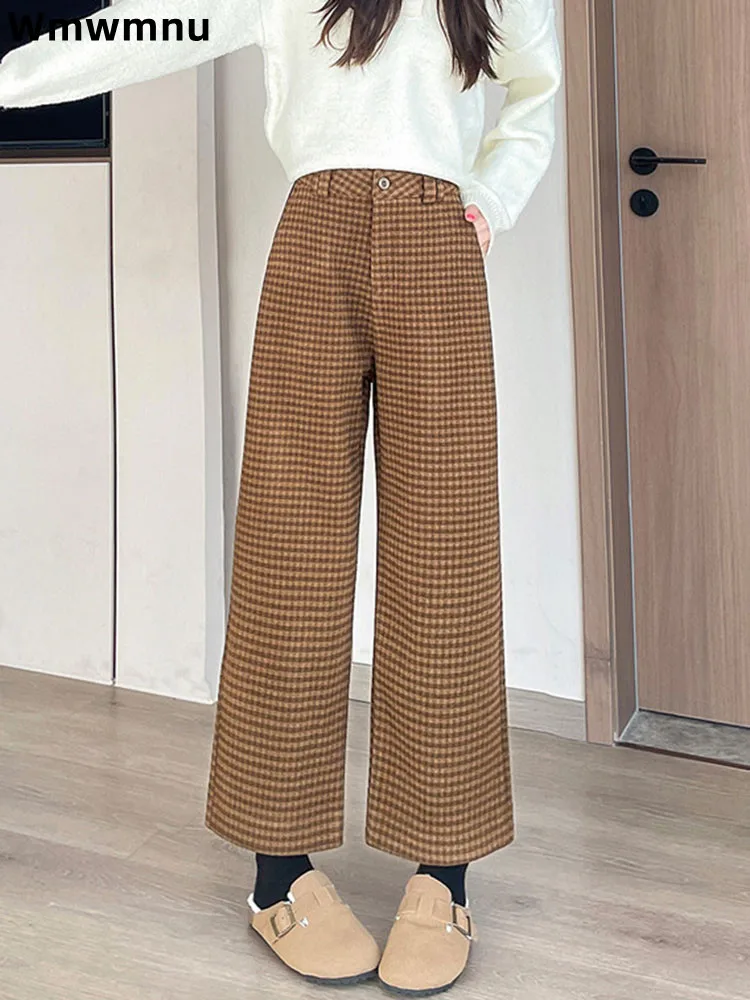 

Толстые шерстяные брюки в клетку, женские повседневные брюки до щиколотки с высокой талией, прямые широкие брюки, корейские модные брюки Hosen
