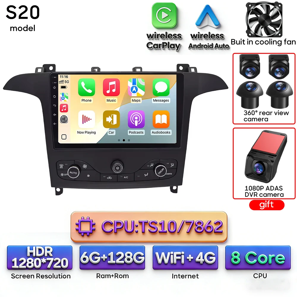 Android 16 voor Ford S-Max S-MAX 2006 - 2015 voor Ford Galaxy 2014 Auto Multimedia Speler Carplay Radio Video Navigatie GPS 2din