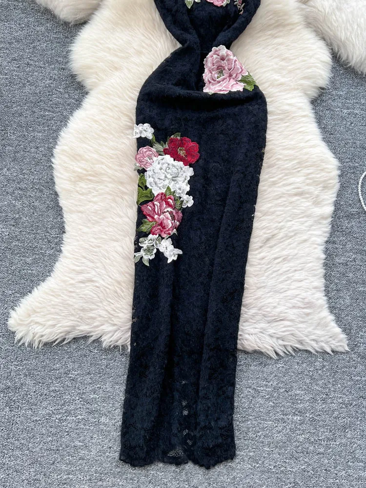 エレガントなレトロな中国風の夏のデザイン刺繍入りスリムフィットノースリーブレースドレスハイウエストAライン韓国版レディースドレス