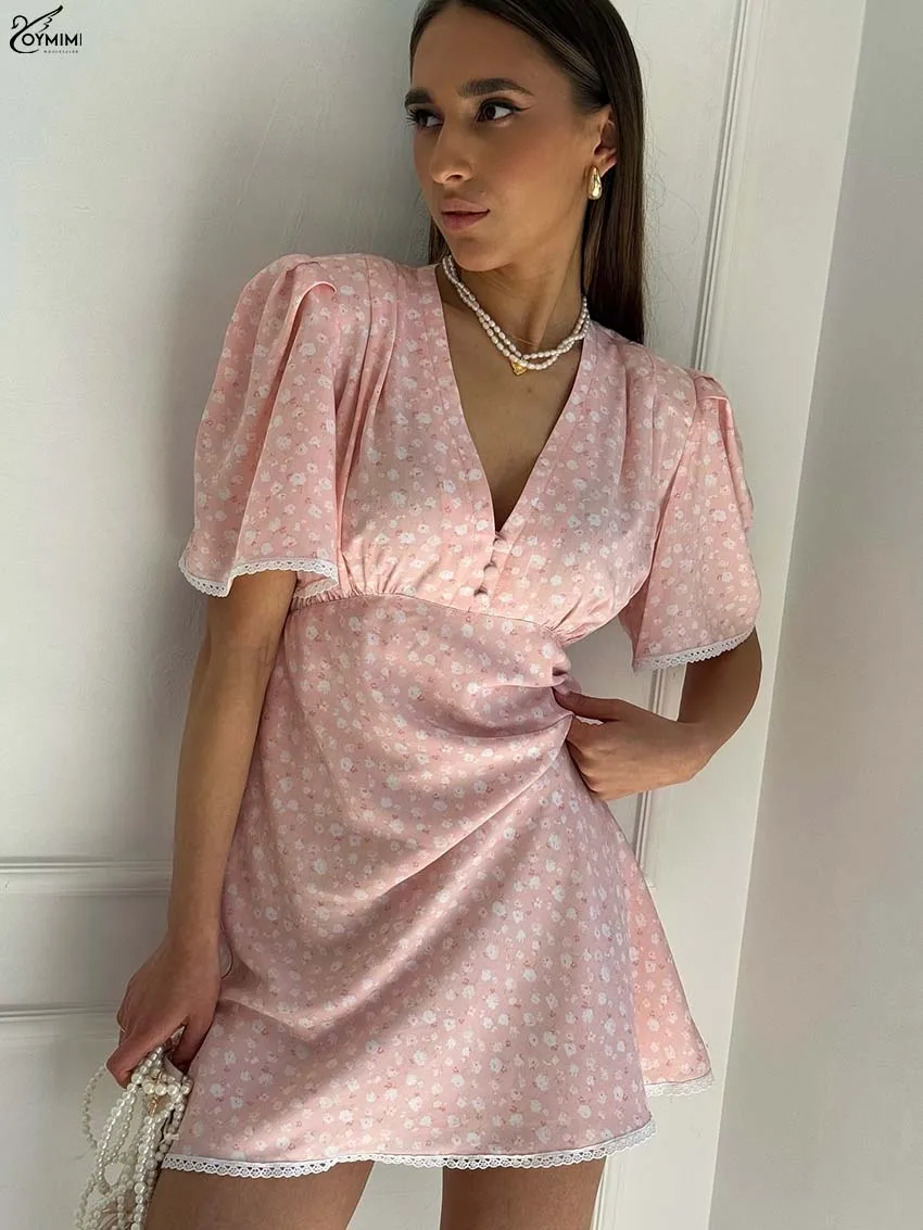 โออิมิมิชุดเดรสพิมพ์ลายสีชมพูหรูหราสำหรับผู้หญิงแฟชั่นคอวีแขนสั้นลูกไม้กระดุมชุดลำลองเอวสูงมินิเดรสหญิง