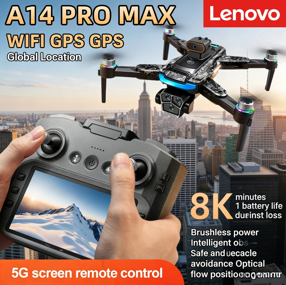 

Квадрокоптер Lenovo Mi A14Pro Max с GPS, бесщеточным двигателем, 8K, тремя камерами, оптическим позиционированием, обходом препятствий, складной, радиоуправляемый, для дистанционного управления, игрушка-дрон