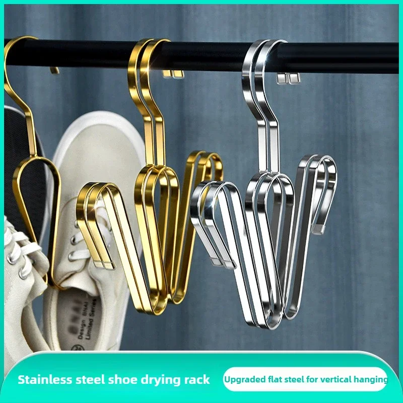Stainless Steel Flat Bar Shoe Drying Rack Outdoor Balcony Hanging Solution with Hooks for Slippers & All Shoes Windproof Design