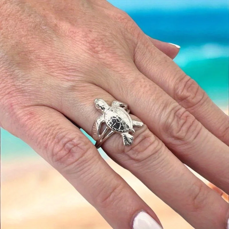 Anillo de estilo lindo, anillo plateado con diseño en forma de tortuga, anillo estilo animal PEQUEÑO, regalos para amantes del océano perfectos para Acción de Gracias, fiestas