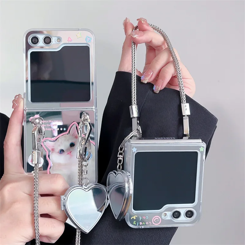 Cute Cat Mirror Surface Phone Case for Samsung Galaxy Z Flip 5 4 3 Protective Back Cover for ZFlip3 ZFlip4 ZFlip5 Case Shell