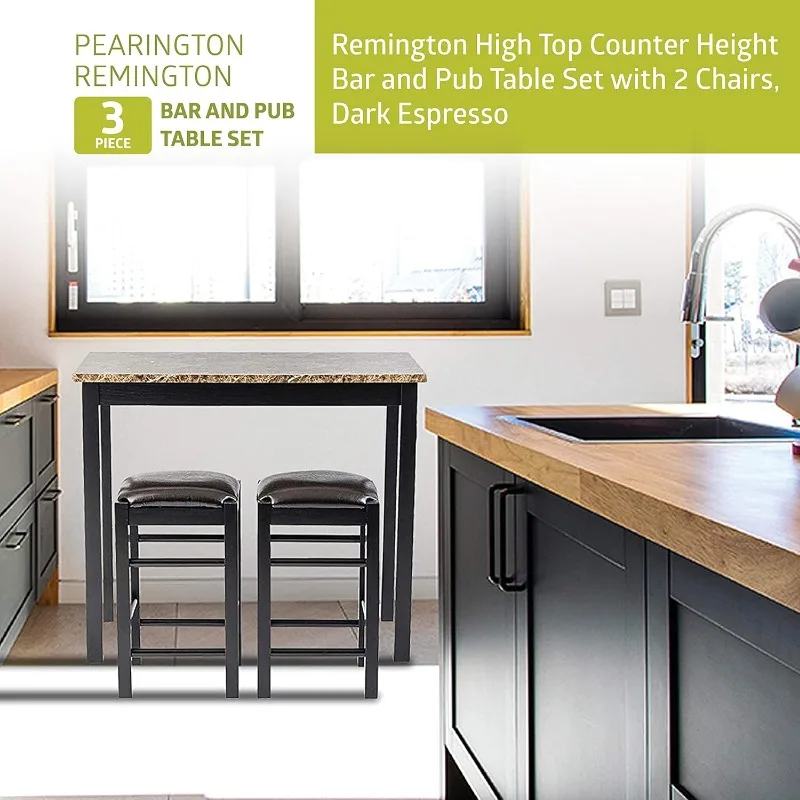 Remington High Top Counter Height Bar and Pub Table Set with 2 Chairs, Dark Espresso