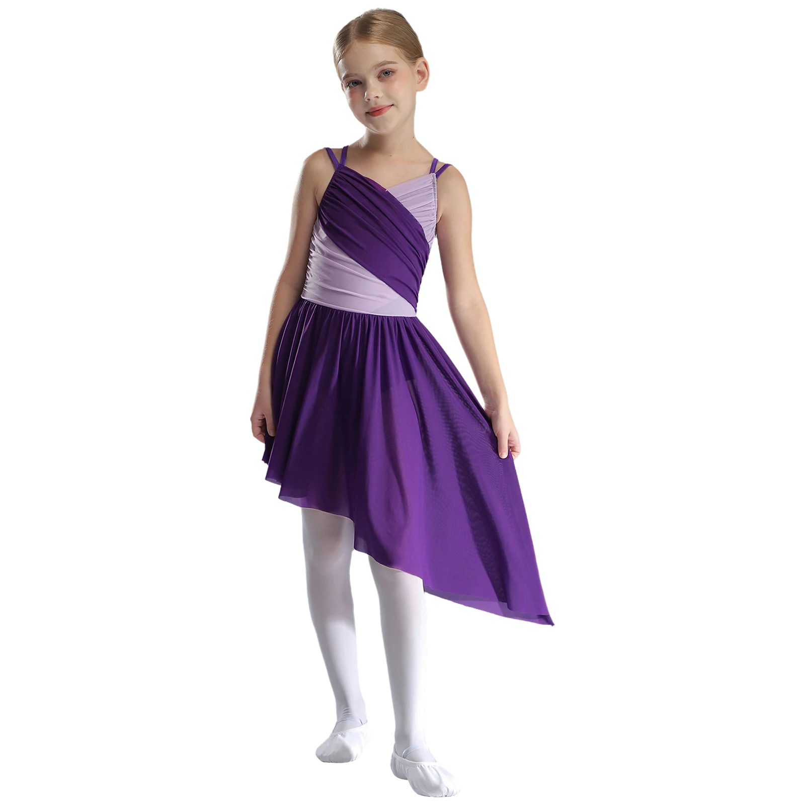 Kids Girls Modern Lyrical Dance Dress Ballet Figure Skating Gymnastics Performance Costume Contrast Color Mesh Leotard Dresses