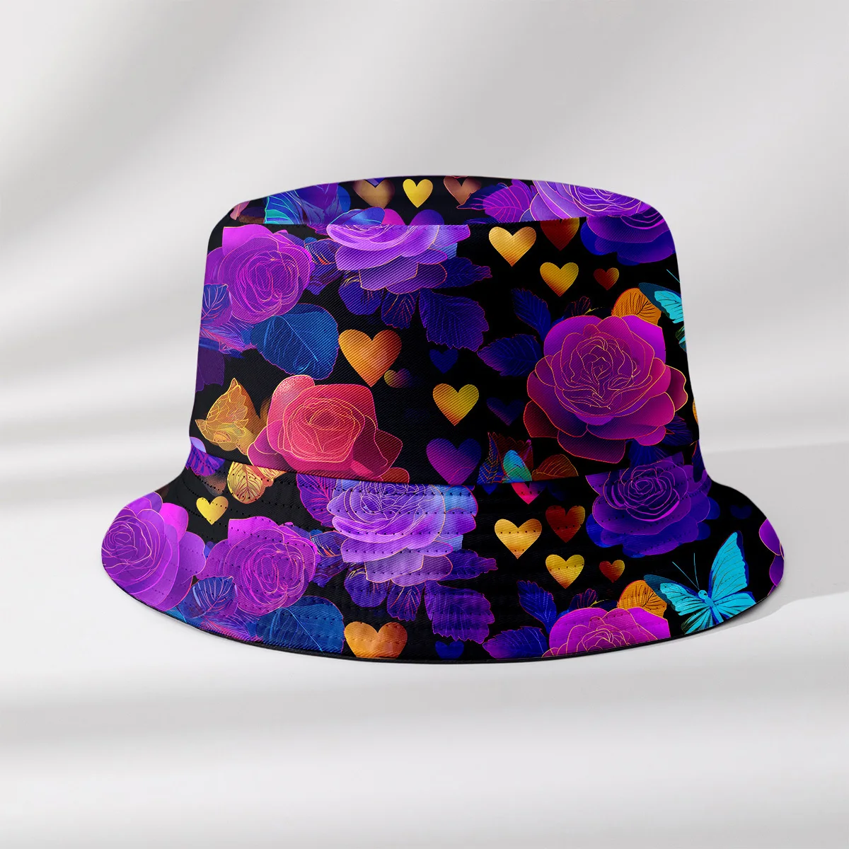 Neon Rose Heart Print Bucket Hat Unisex Summer Sun Hat UV Protection Casual Outdoor Romantic Aesthetic Fisherman Hat