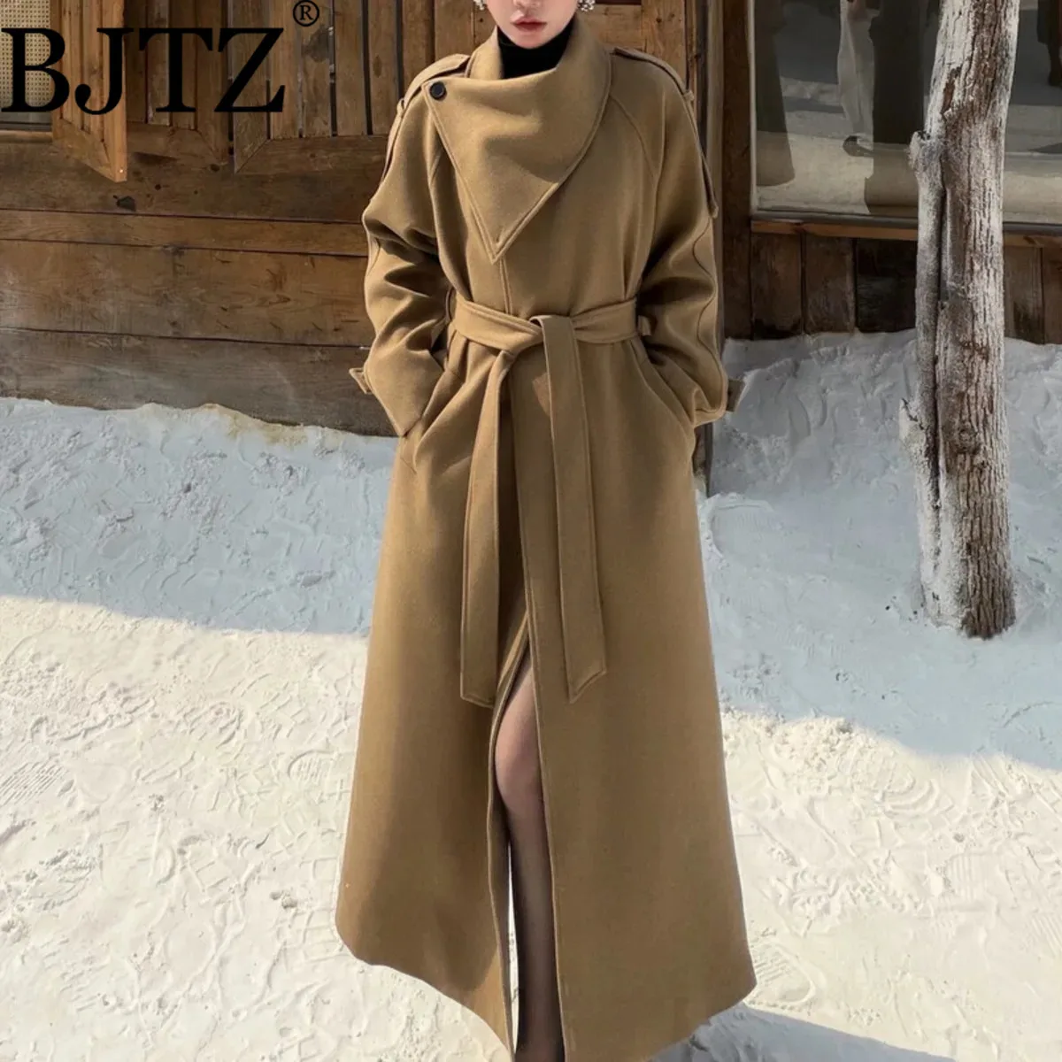 

BJTZ 2025 Trendy Turtleneck Wool Blend Belted Coat Quilted Lining Warm Thicken Autumn Winter Elegant Office Casual Outerwear