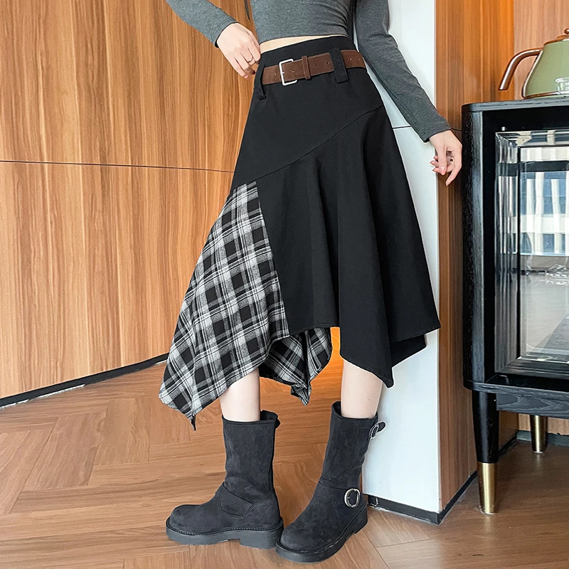 High Waist Plaid Splicing A-Line Skirt Women's Washed Slim Fit Midi Skirt Vintage Style Mid-Length Regular Thickness