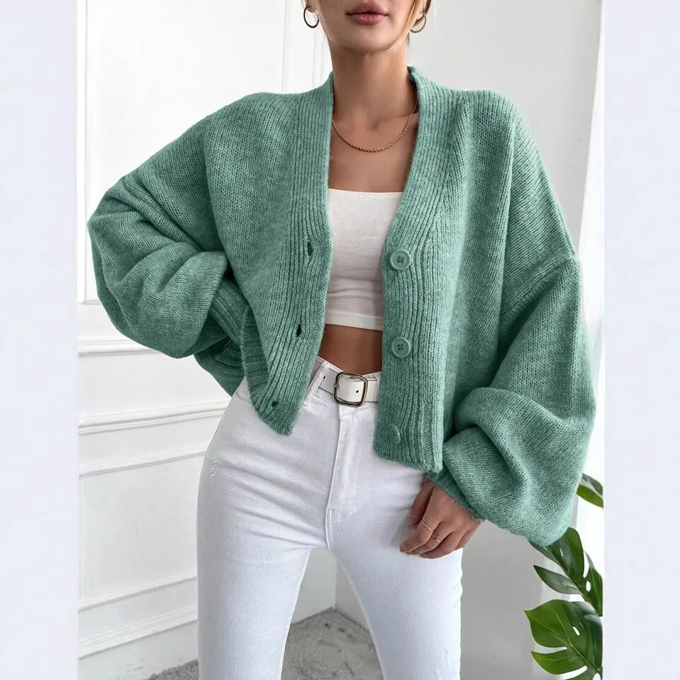 Knitted Cardigan For Women 2025 Autumn And Winter New Solid Color Casual Loose Lantern Sleeve Knitted Sweater Long Sleeve Simple