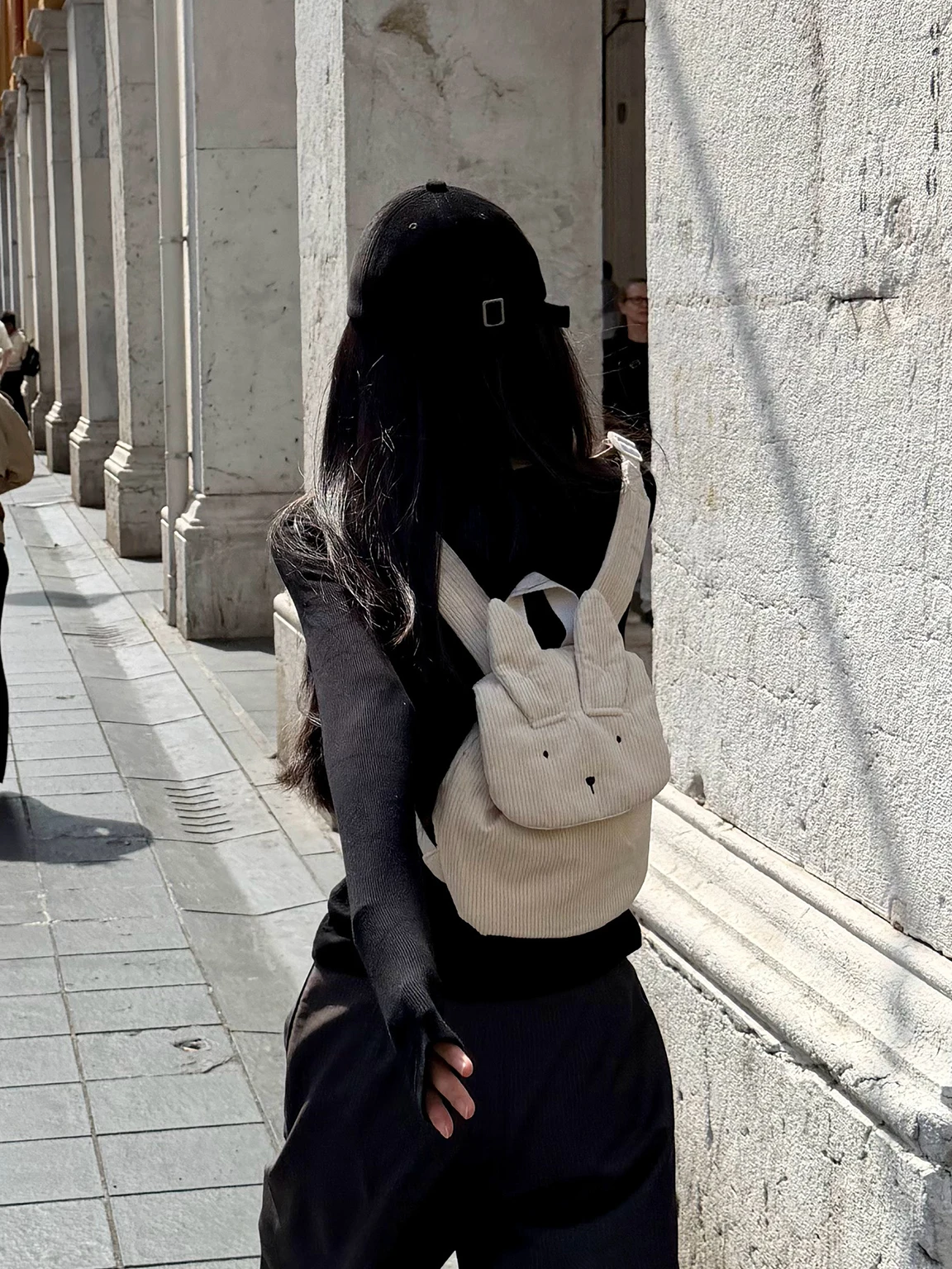 xiaowei-tian-corduroy-rabbit-shaped-backpack-casual-women's-bookbag-double-shoulder-bag-foldable-children's-daily-use