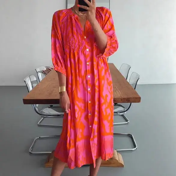 Nowa, luźna, długa spódnica z wysokim stanem, nieregularnym krojem, z kołnierzykiem zapinanym na guziki, z nadrukiem cyfrowym, wykonana z poliestru, idealna na lato, damska, pojedyncza sztuka, model 2025.