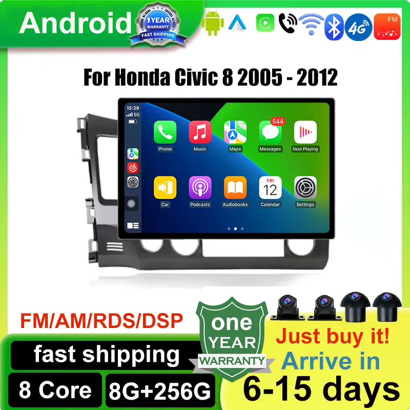 For Honda Civic 8 2005 - 2012 13.1-inch IPS Screen Multimedia Player GPS Navi BT Android Auto Wireless Carplay 4G Car Radio