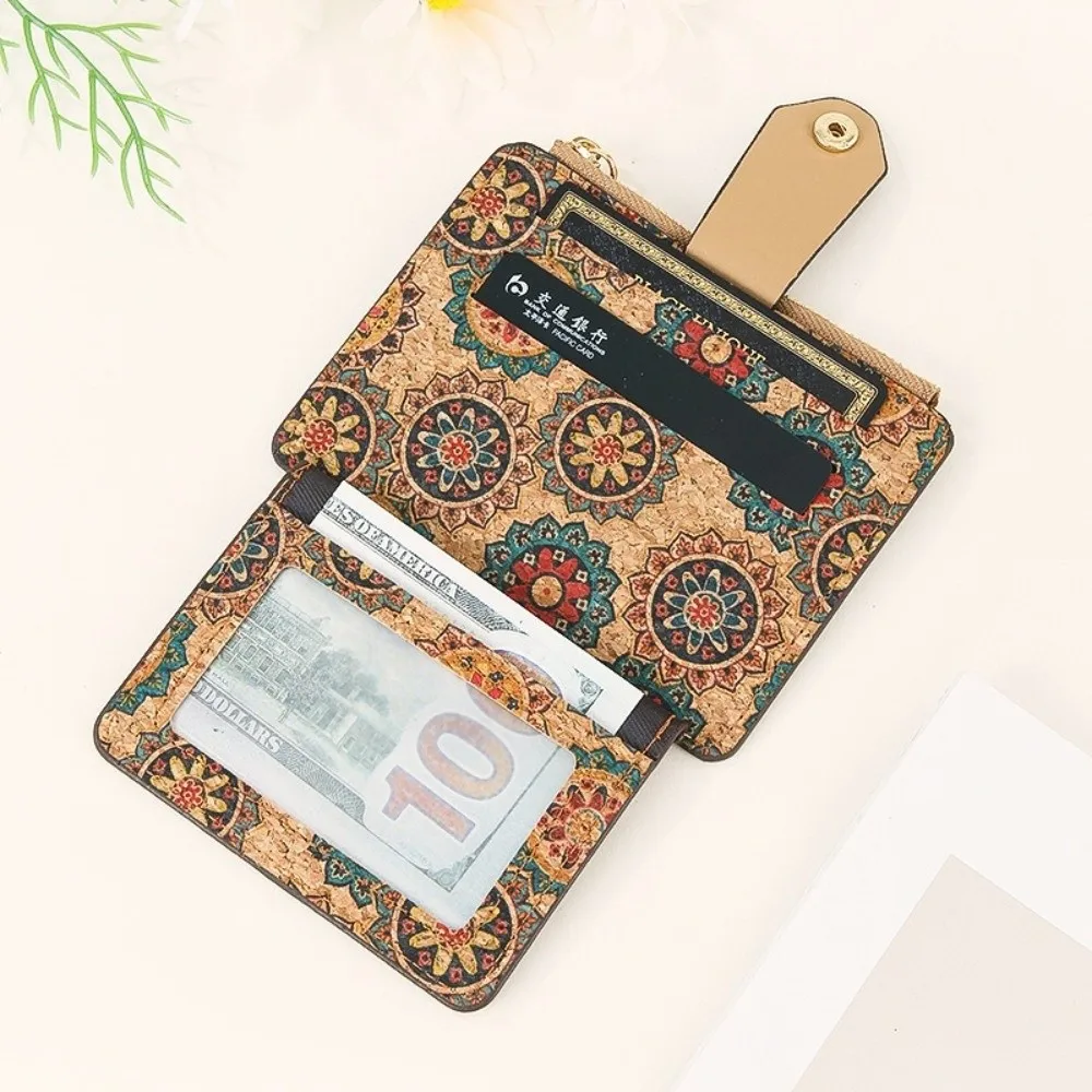 Retro Ethnic Style Coin Purse Multi-slot Cork Wood Credit Card Holder Ultra-thin Portable Zipper Small Wallet