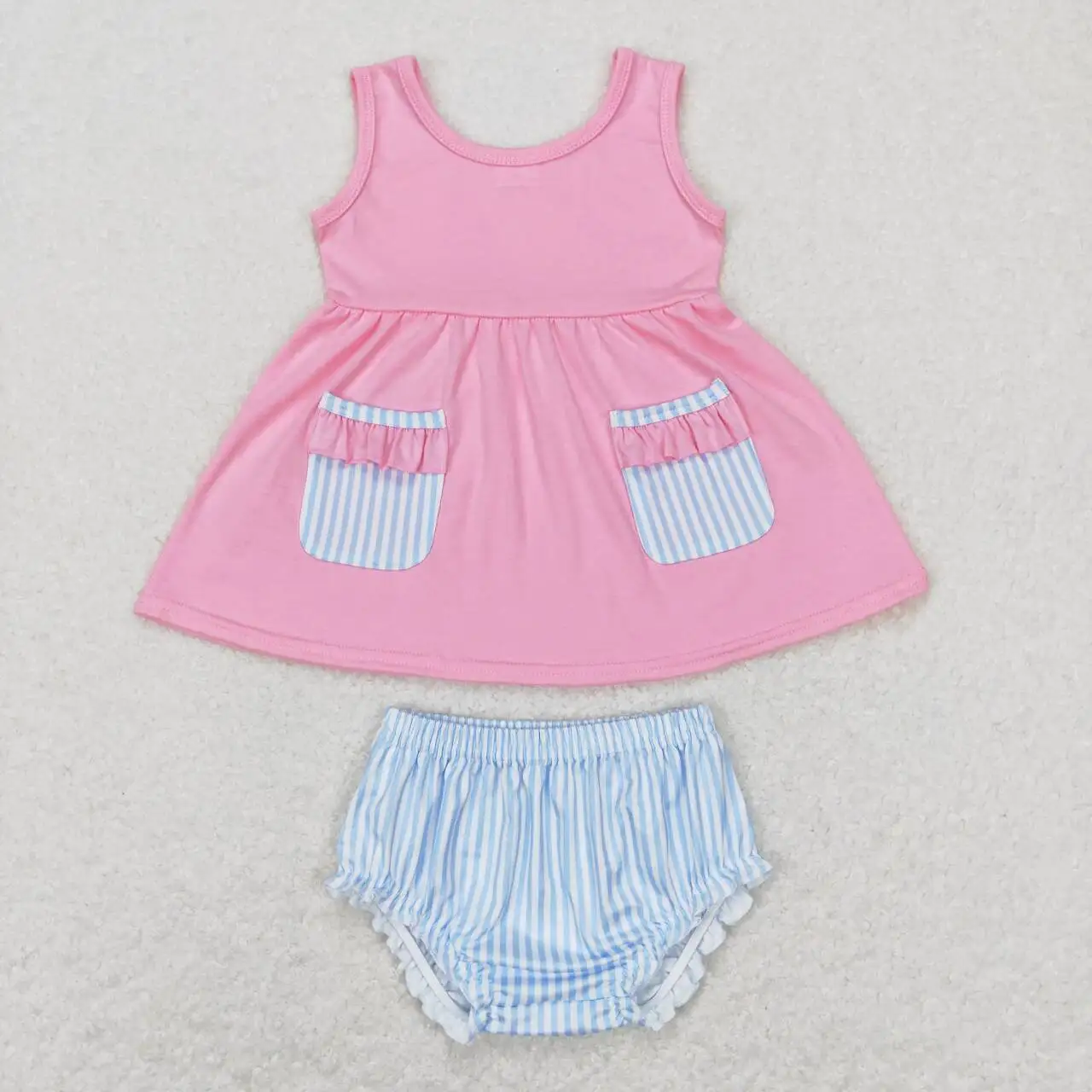 

wholesale newborn toddler hot sale baby girls clothes Blue and white striped lace pocket sleeveless top briefs suit