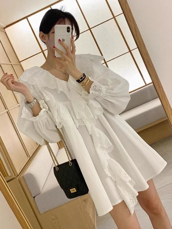

Retro Faion Lace Trim Splice Bubble Sve irt Korean Sle Loose Fit Women's Top Early Autumn New Arrival Ladies' Tee