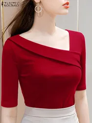 ZANZEA-blusa elegante de verano para mujer, Camiseta de punto lisa, cuello inclinado, manga corta, informal, estilo coreano, Tops de fiesta