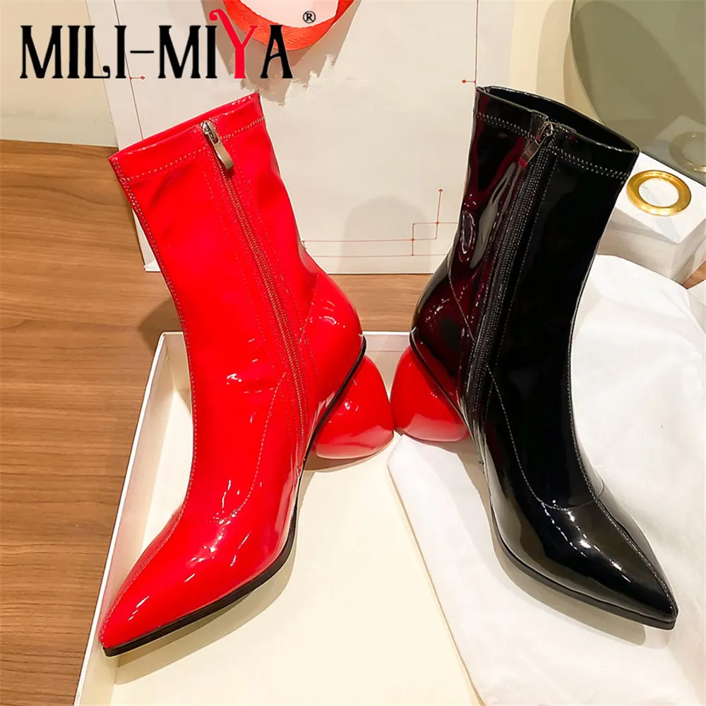 

MILI-MIYA New Arrival Strange Heart Heels Women Stretch Microfiber Ankle Boots Sexy Pointed Toe Solid Color Big Size 34-43