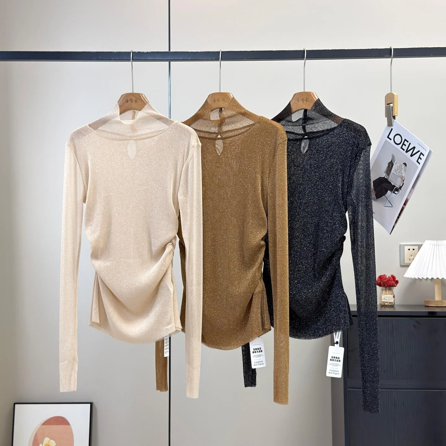 Elegant Starlight Waltz Shiny Mesh Folded Waist High Collar Semi-Transparent Base Shirt T-shirt for Women Casual Slim Fit Lon...