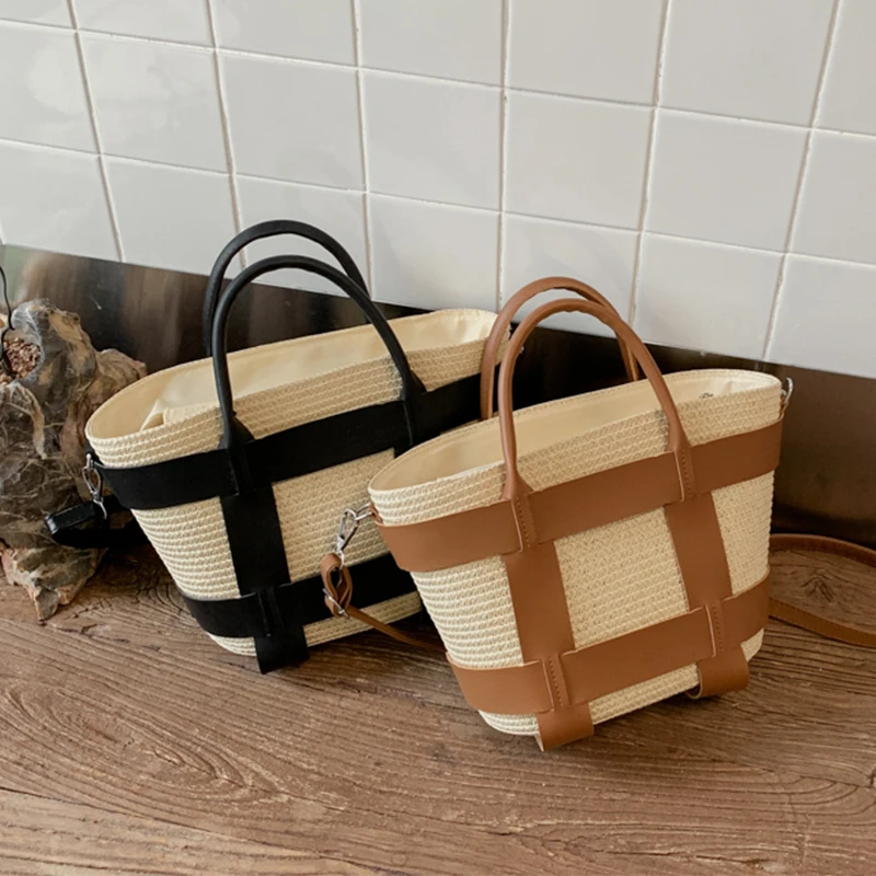 

Pu Leather + Straw Bag Designer Handmade Woven Handbag 2026 Summer Beach Shoulder Crossbody Bag Female Basket Shopper Tote Bag