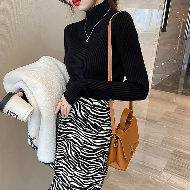 2024 Women Autumn Knitted Slim Sweaters Solid Knitted Female Cotton Soft Elastic Color Pullovers Button Full Sleeve Turtleneck