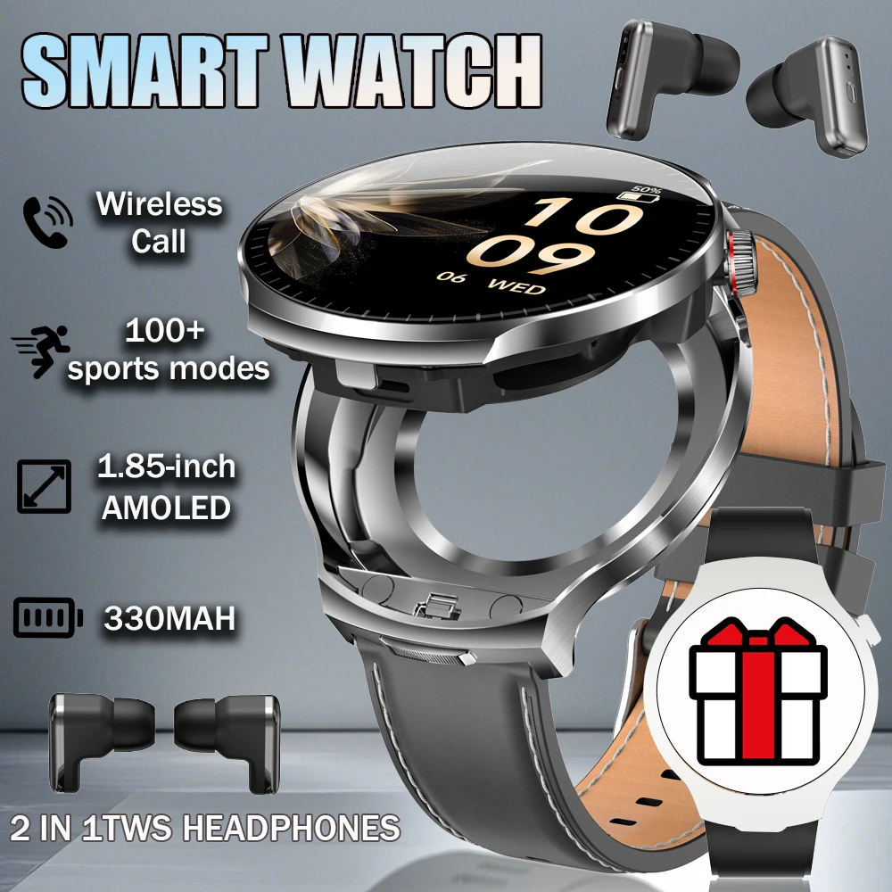 2025 2-in-1 Smart Watch 1.85'360*360 HD Screen IP67 Waterproof Rating Sports Tracker True Wireless Headphones Fitness SmartWatch