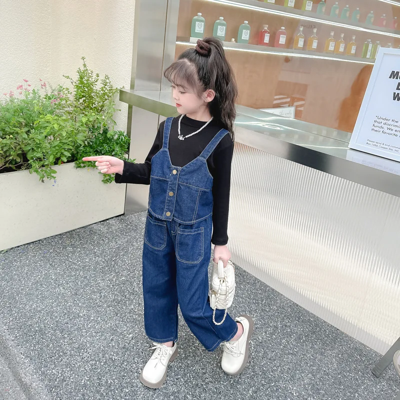 

Children's 2024 New Korean Edition Set Spring Autumn Clothes Vest+Base Shirt+Pants Three Piece Set Baby Denim Strap Set