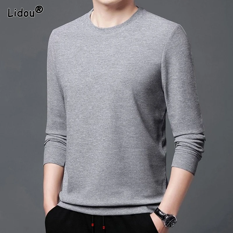 

Men's 2023 Autumn and Winter New Pullover Round Neck Patchwork Waffle Loose Fit Solid Color Fashion Commuter Long Sleeved Tops