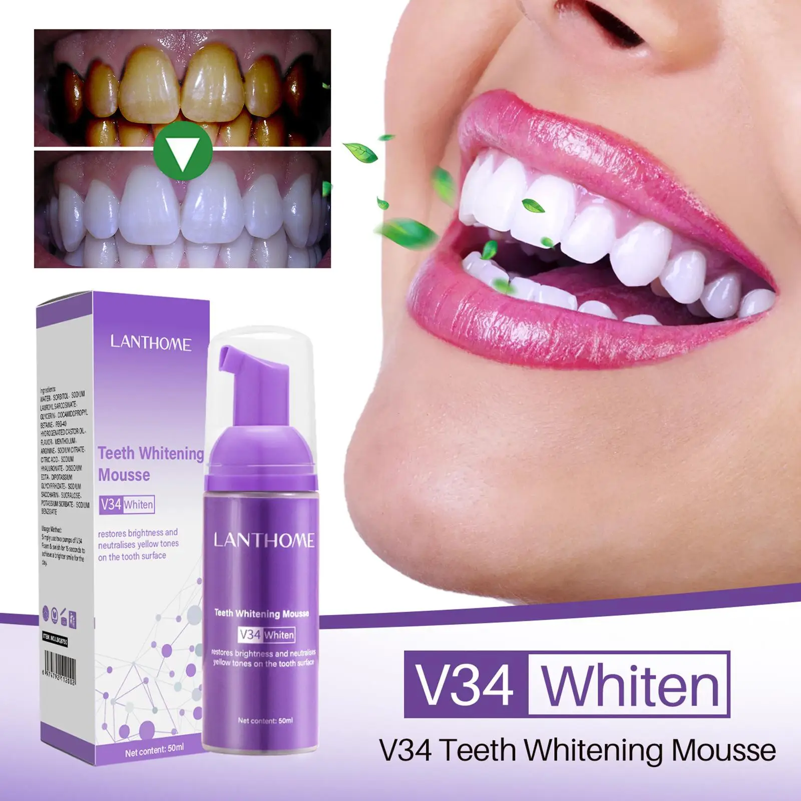 2PCS 50ml V34 Mousse Toothpaste Teeth Whitening Removing Yellow Teeth Cleaning Tooth Stain Oral Fresh Tooth Care