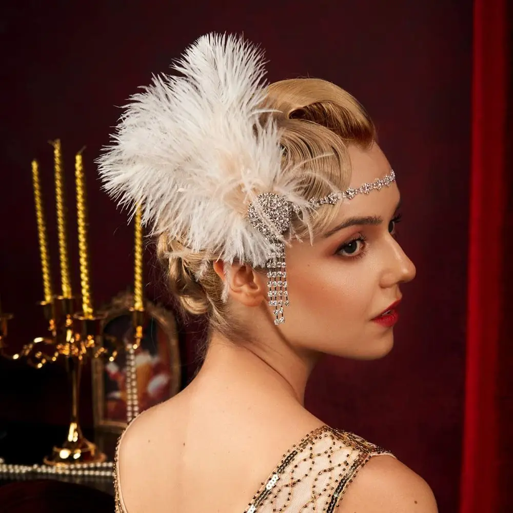 Trendy Vintage Feather Headband Sequin Crystal Cosplay Dress Headwear Tassel Makeup Party 1920s Hair Accessories Women