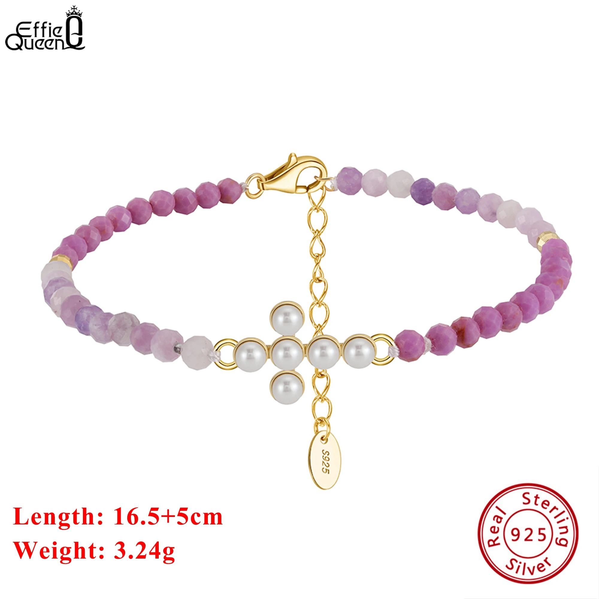 

EFFIE QUEEN 14K Gold Natural Freshwater Pearl With Purple Mica 925 Sterling Silver Bracelet Cross Design For Women Jewelry MPB10