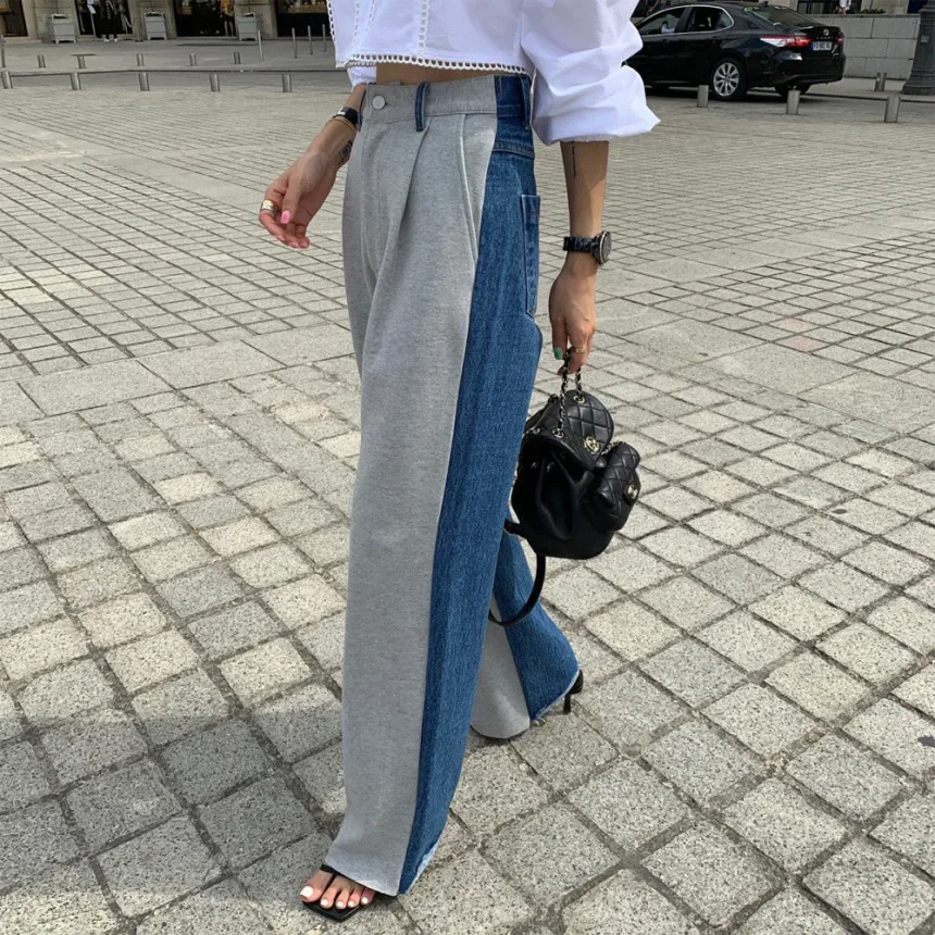 SuperAen New Patchwork Denim Elastic Waist Casual Pants Spliced Korean Long Pants