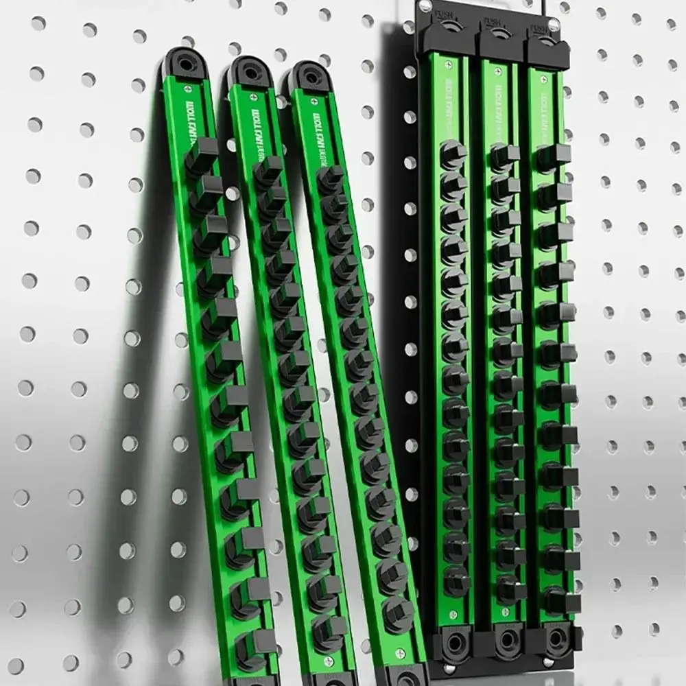 Magnetic Sleeve Storage Rack 1/4 3/8 1/2 Inch Green Socket Clip Rail Holder 360° Rotating Plug Plate Hanging Storage Strip