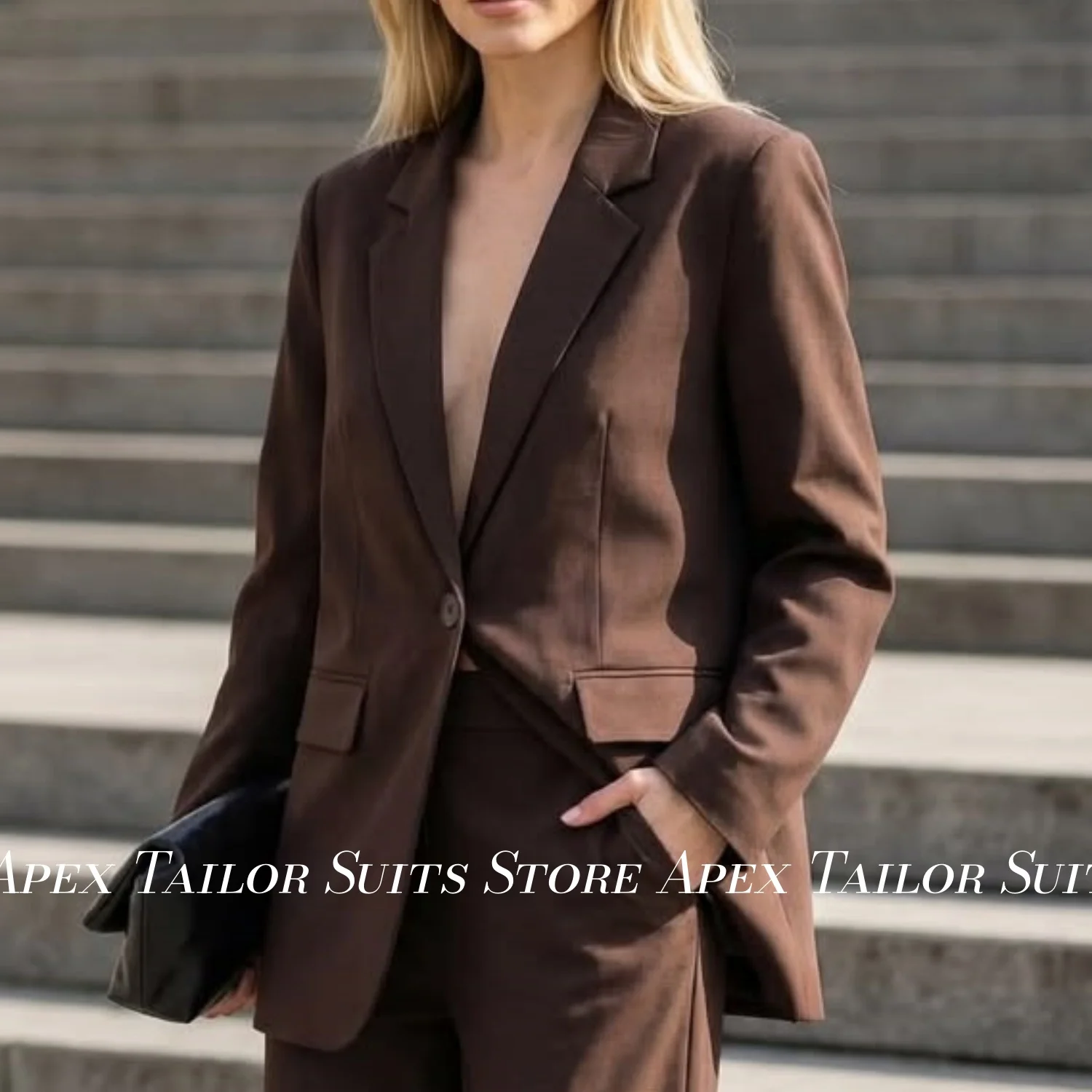Women Brown 2 Piece Pants Suit Notch Lapel Single Button Blazer Trousers Set Party Business Office Formal Outfit Custom Made