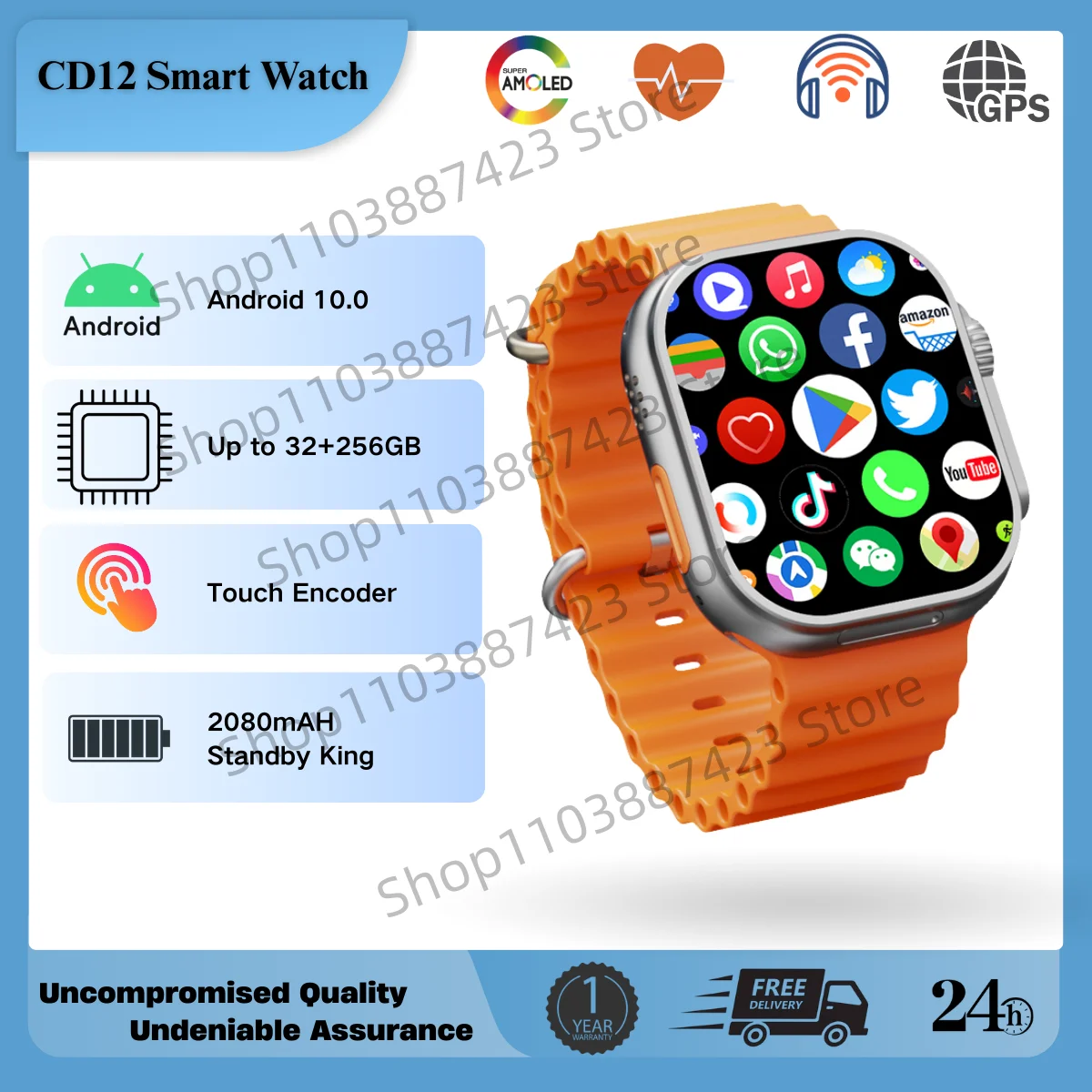 

Умные часы CD12, умные часы с сенсорным кодированием, 2,26 дюйма, Amoled Smart Watch 190 ° Поворотная камера GPS WIFI Google Play Store Global Call